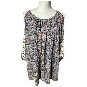Umgee Multicolor Baby Doll Swing Mini Dress Cold Shoulder Novelty Print Size M